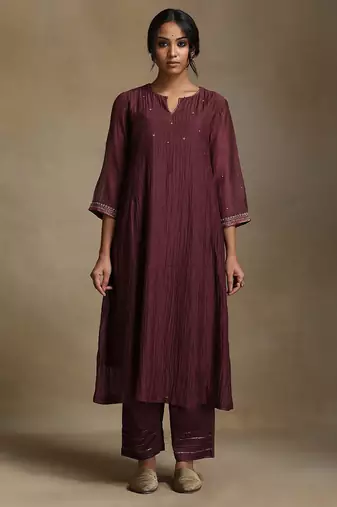 Teal blue embroidered chanderi long kurti set
