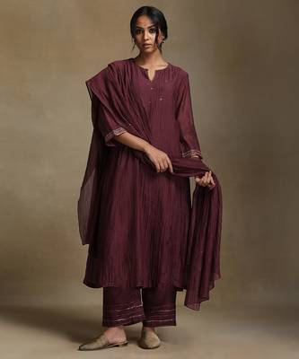 Plum wine embroidered chanderi long kurti set 1