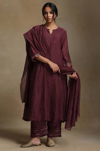 Plum wine embroidered chanderi long kurti set