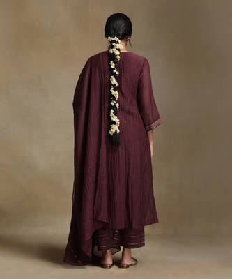 Plum wine embroidered chanderi long kurti set 2