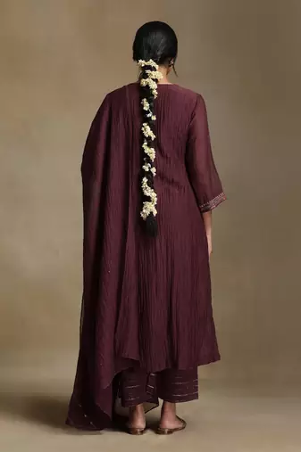 Plum wine embroidered chanderi long kurti set