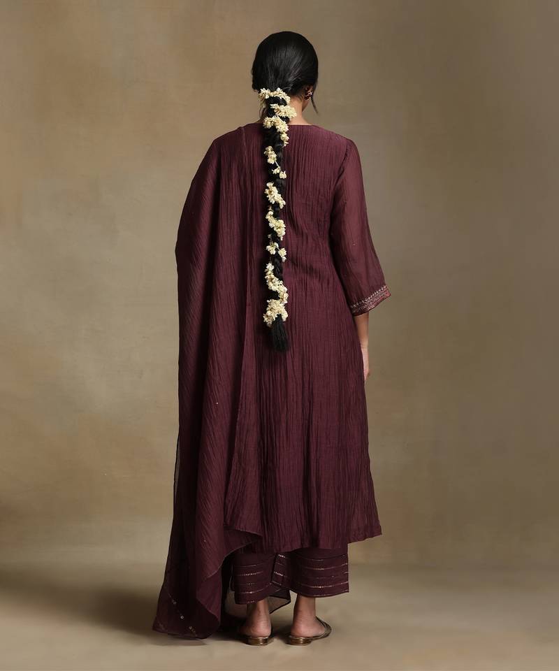 Plum wine embroidered chanderi long kurti set