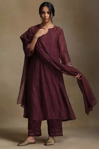 Plum wine embroidered chanderi long kurti set