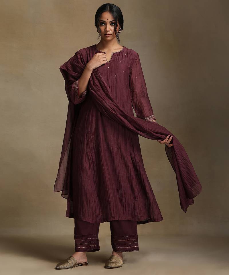 Plum wine embroidered chanderi long kurti set