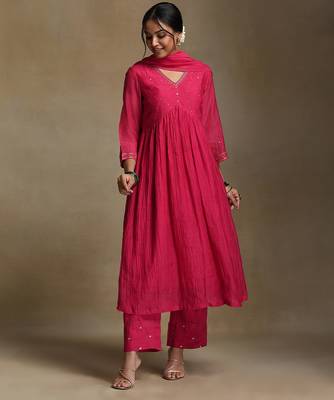 Rani pink embroidered chanderi long kurti set 1