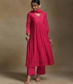 Rani pink embroidered chanderi long kurti set