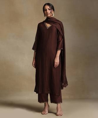 Chocolate brown embroidered chanderi long kurti set 1