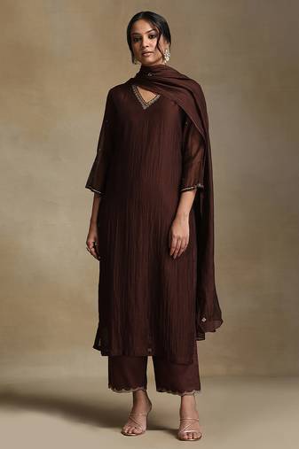 Chocolate brown embroidered chanderi long kurti set
