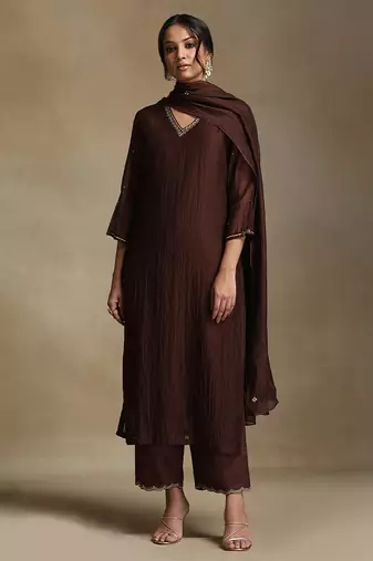 Chocolate brown embroidered chanderi long kurti set