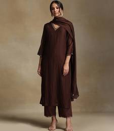 Chocolate brown embroidered chanderi long kurti set