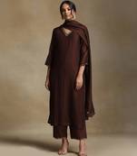 Chocolate brown embroidered chanderi long kurti set