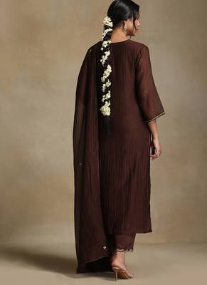 Chocolate brown embroidered chanderi long kurti set 2