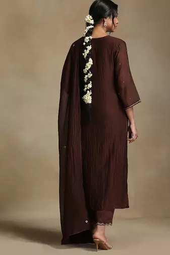Chocolate brown embroidered chanderi long kurti set