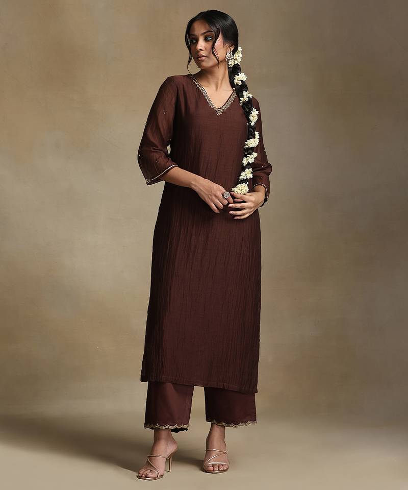 Chocolate brown embroidered chanderi long kurti set