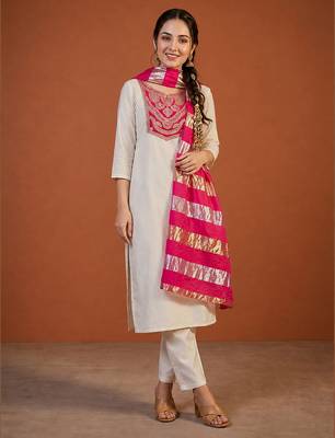 Embroidery Simar Fabric Straight Kurta Pant and Dupatta Set 1