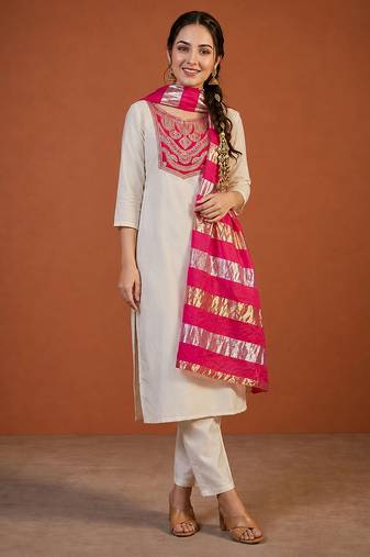 Embroidery Simar Fabric Straight Kurta Pant and Dupatta Set