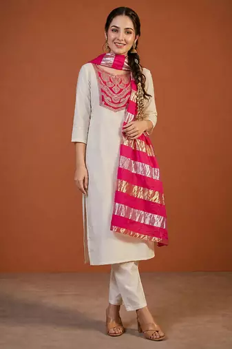 Embroidery Simar Fabric Straight Kurta Pant and Dupatta Set