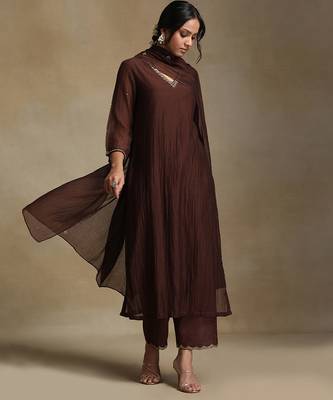 Chocolate brown embroidered chanderi long kurti set 4
