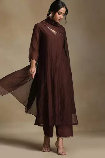 Chocolate brown embroidered chanderi long kurti set