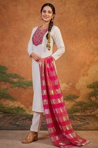 Embroidery Simar Fabric Straight Kurta Pant and Dupatta Set
