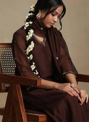 Chocolate brown embroidered chanderi long kurti set 5