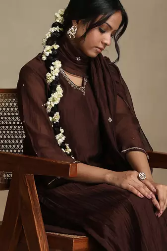 Chocolate brown embroidered chanderi long kurti set