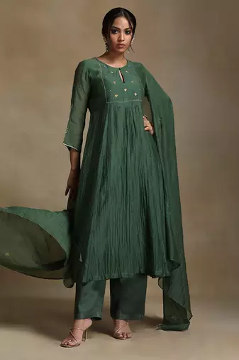 Bottle green embroidered chanderi long kurti set