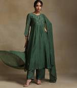 Bottle green embroidered chanderi long kurti set