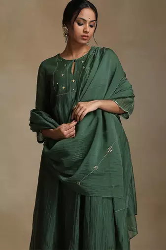 Bottle green embroidered chanderi long kurti set