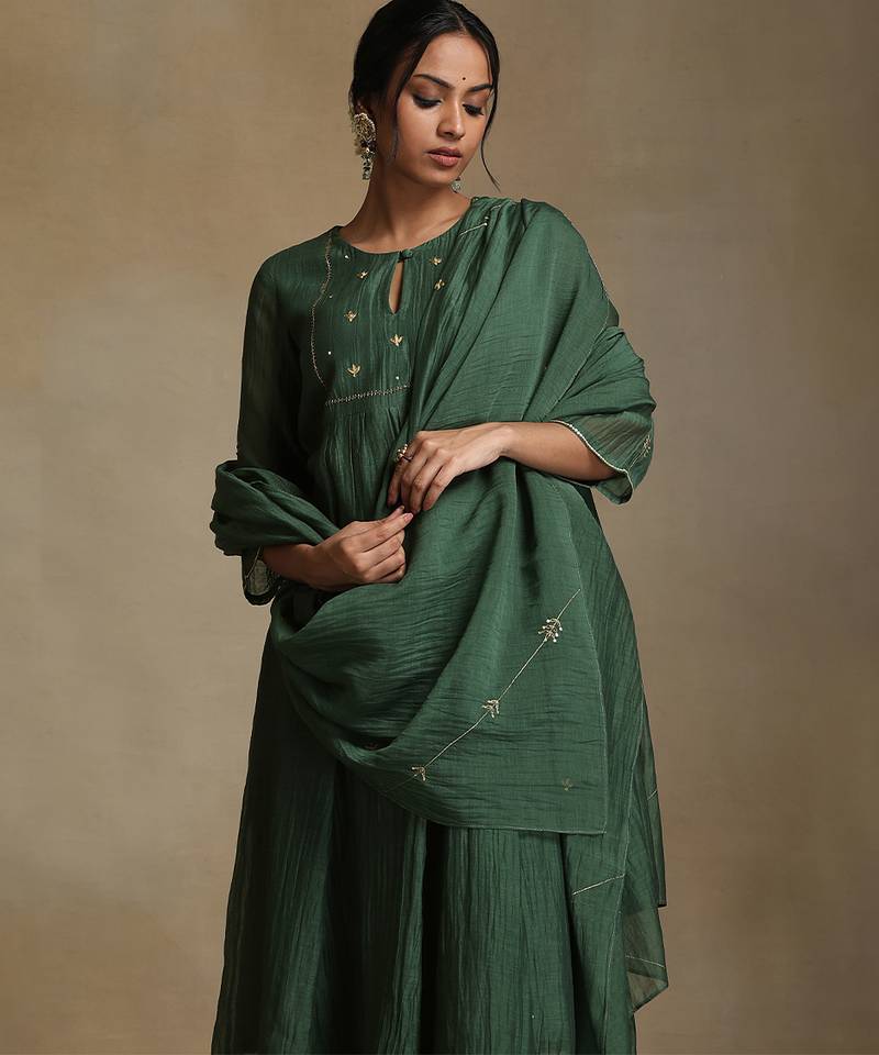 Bottle green embroidered chanderi long kurti set