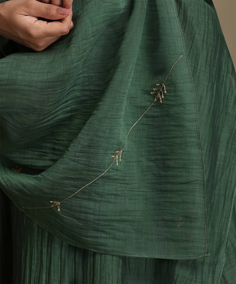 Bottle green embroidered chanderi long kurti set