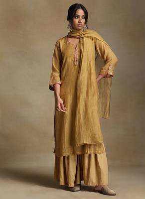 Light mustard embroidered chanderi long kurti set 1