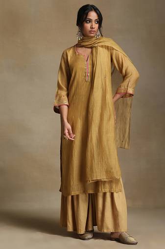 Light mustard embroidered chanderi long kurti set