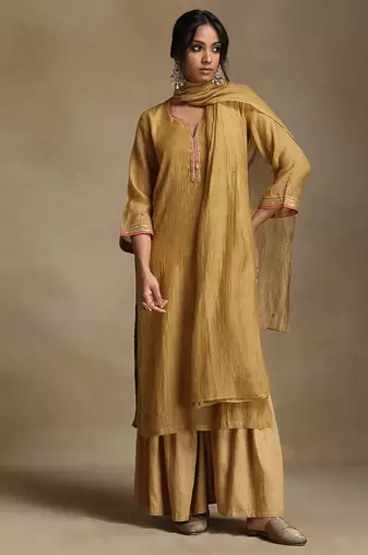 Light mustard embroidered chanderi long kurti set