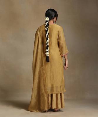 Light mustard embroidered chanderi long kurti set 2