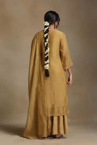 Light mustard embroidered chanderi long kurti set