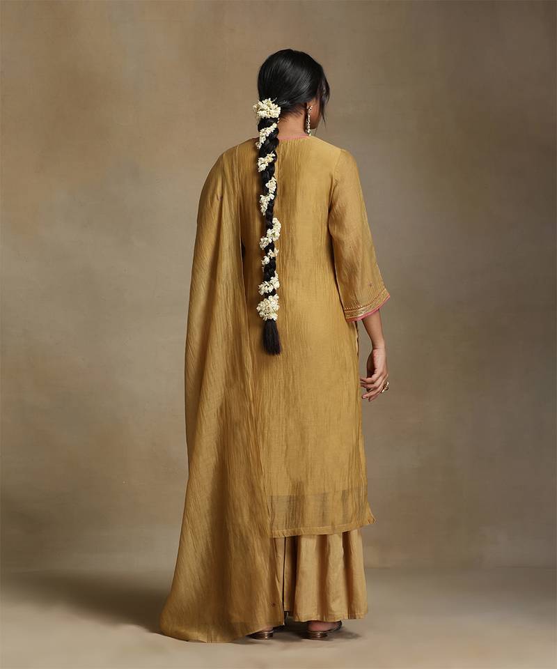 Light mustard embroidered chanderi long kurti set