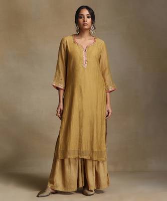 Light mustard embroidered chanderi long kurti set 3