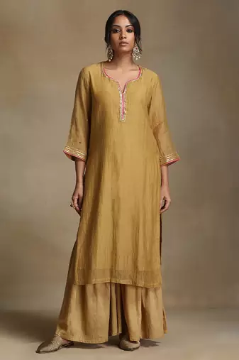 Light mustard embroidered chanderi long kurti set