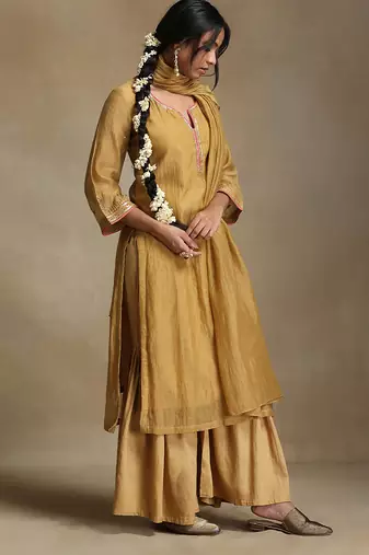 Light mustard embroidered chanderi long kurti set