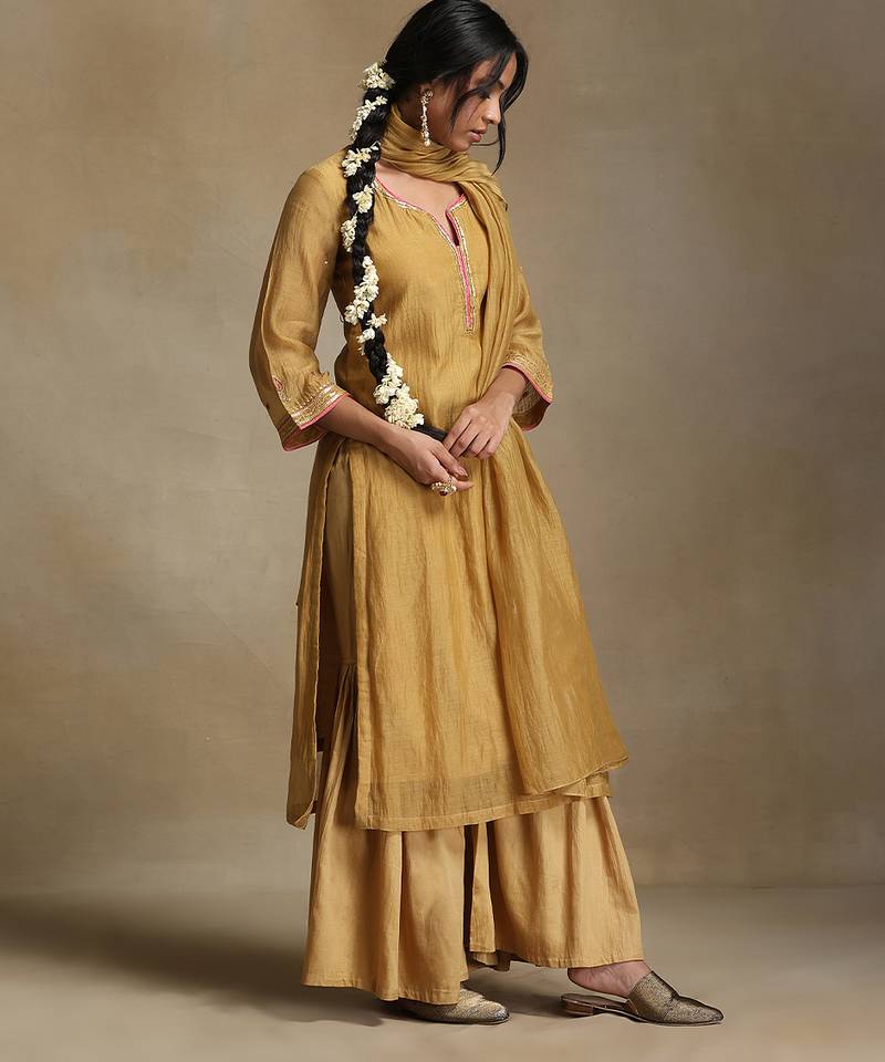 Light mustard embroidered chanderi long kurti set