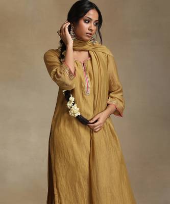 Light mustard embroidered chanderi long kurti set 5