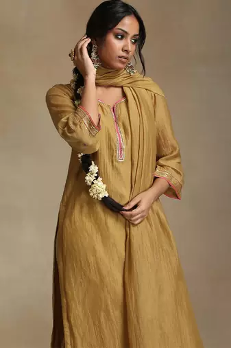 Light mustard embroidered chanderi long kurti set