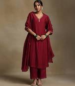Maroon embroidered chanderi long kurti set