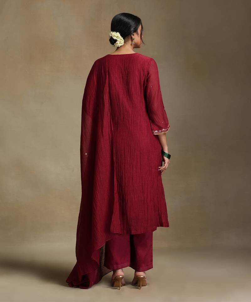 Maroon embroidered chanderi long kurti set