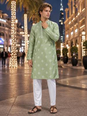 Green embroidered silk straight kurta 1
