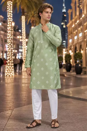 Green embroidered silk straight kurta