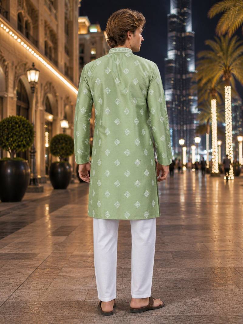 Green embroidered silk straight kurta