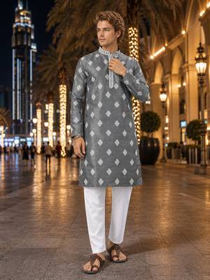 Grey embroidered silk straight kurta 1