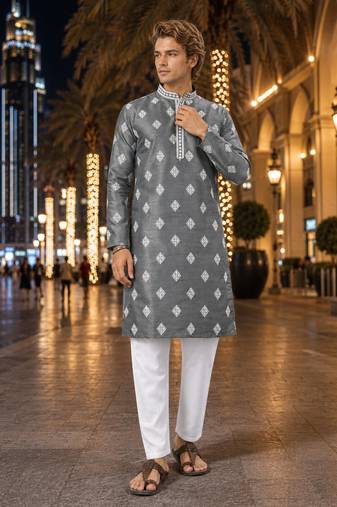 Grey embroidered silk straight kurta